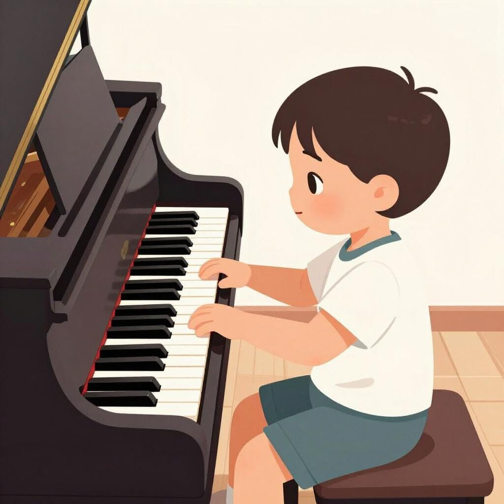 Een heel jong kind dat geconcentreerd en vaardig op een krukje zit en een vleugel bespeelt.