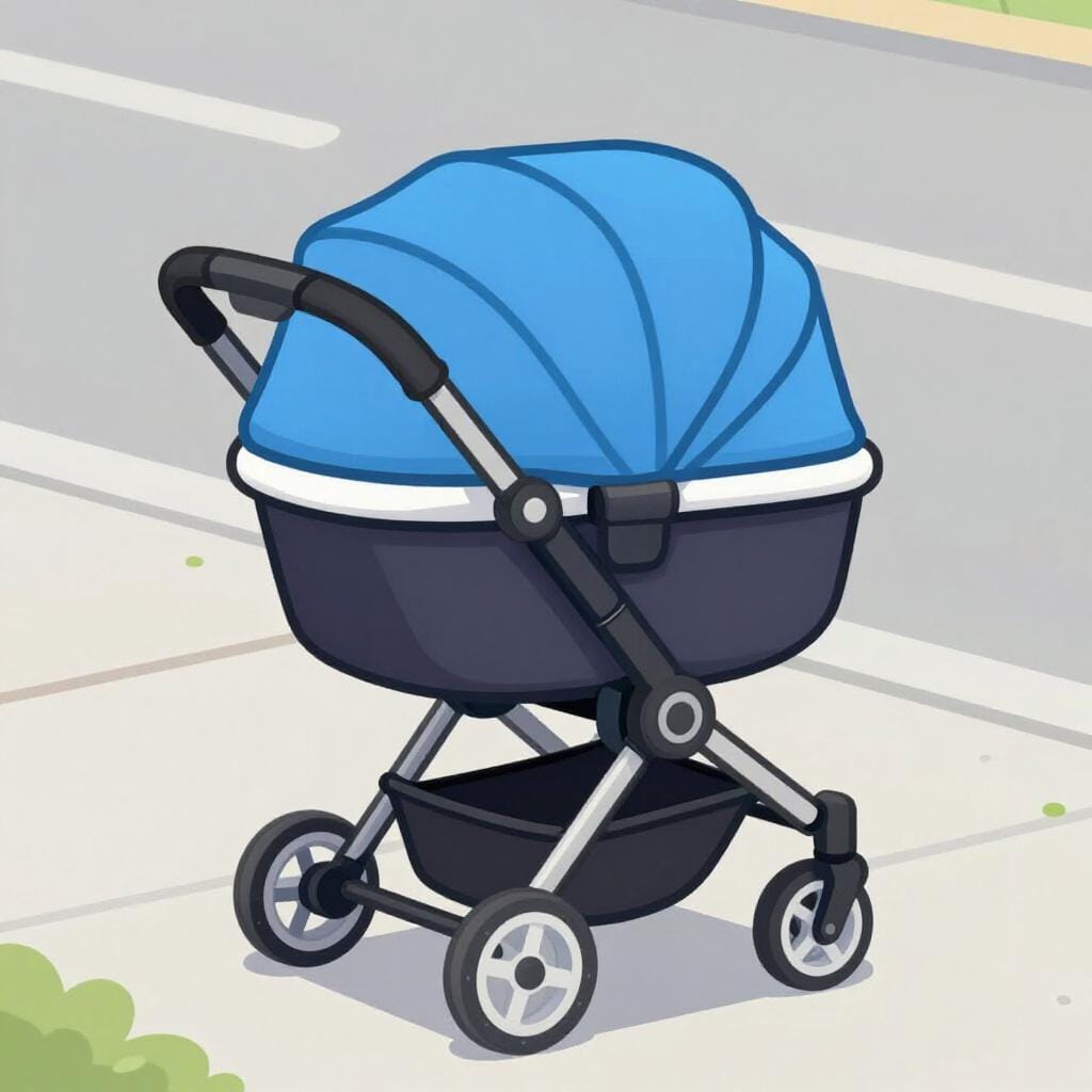 Ein moderner vierrädriger Kinderwagen mit Sonnendach.