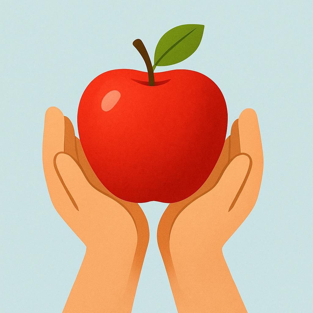 A close-up illustration of two stylized hands gently holding a vibrant red apple, symbolizing human care or touch.