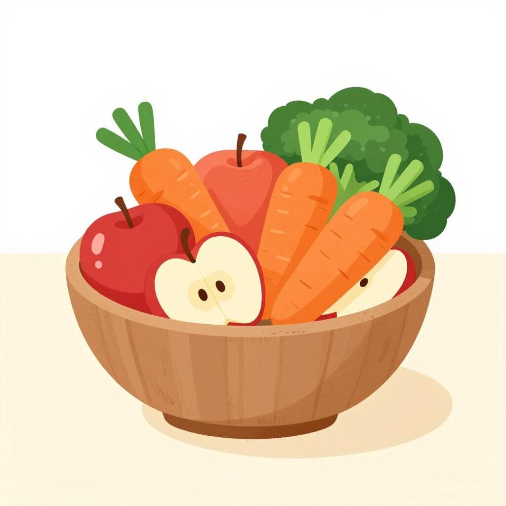 A wooden bowl filled with a variety of fresh fruits and vegetables like apples, carrots, and broccoli.