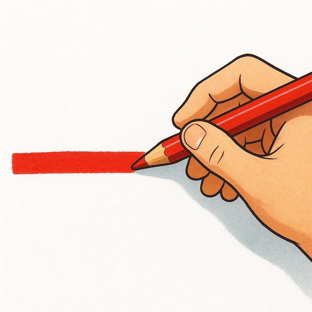 A simple drawing of a red pencil marking a thick, straight line across a white surface.