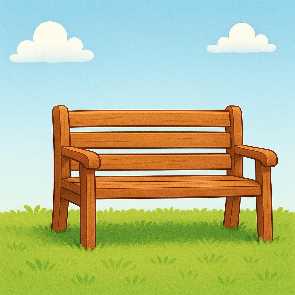 A simple wooden park bench sitting on green grass under a clear sky.