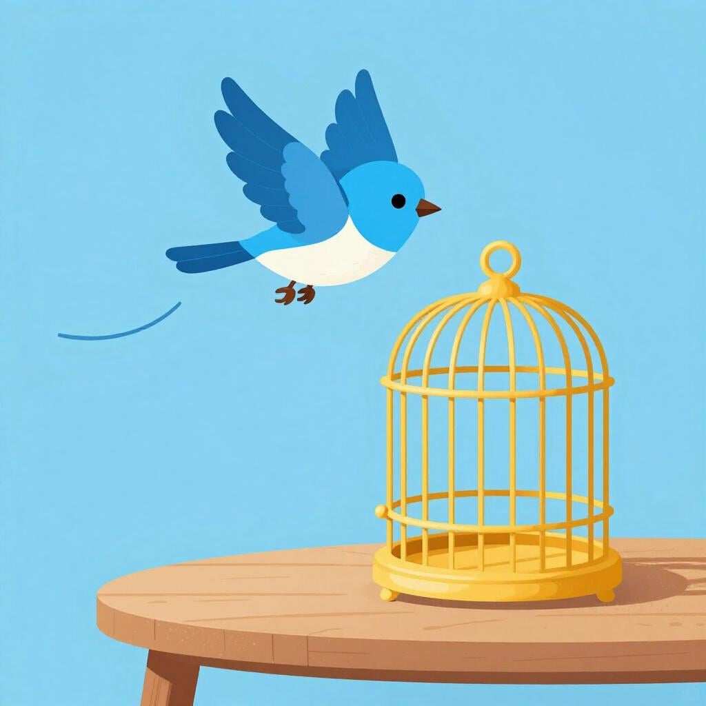 Un oiseau s'envolant librement d'une cage dorée ouverte.