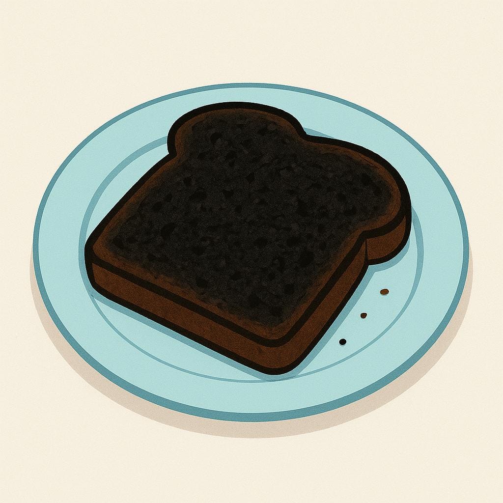 A piece of toast that has been completely blackened and burnt, sitting alone on a white plate.