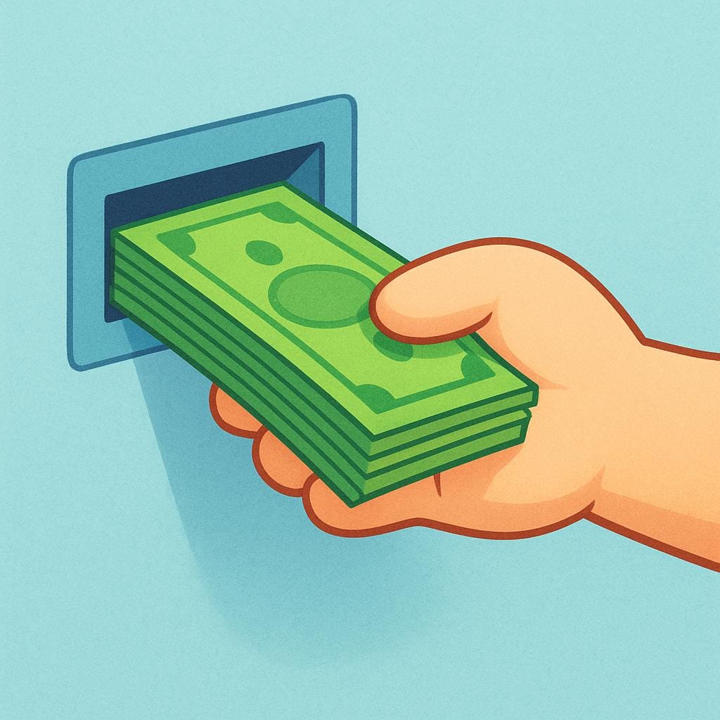Une illustration simplifiée d'une main retirant une pile de billets verts d'une fente, représentant le retrait d'argent.