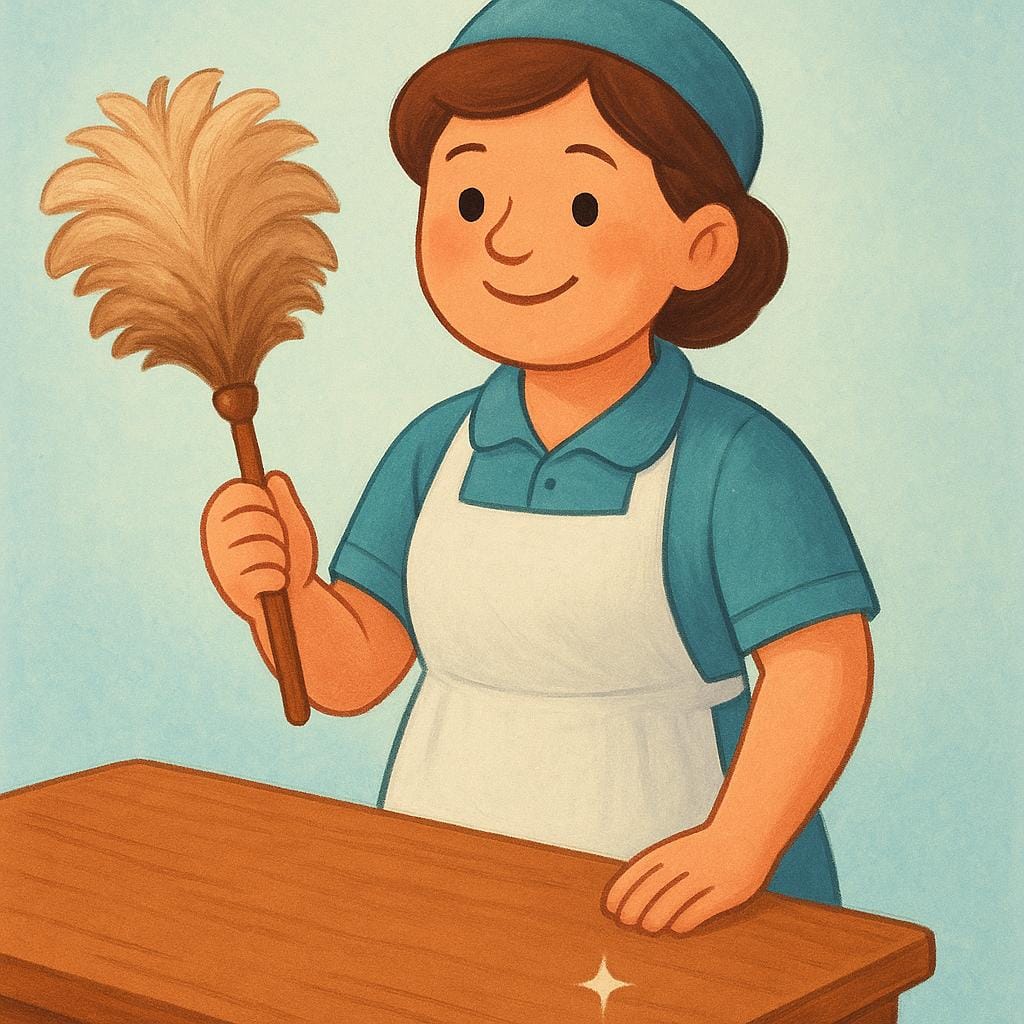 Een persoon met een eenvoudig uniform en een schort, die een plumeau vasthoudt en lacht naast een schoongemaakte tafel.