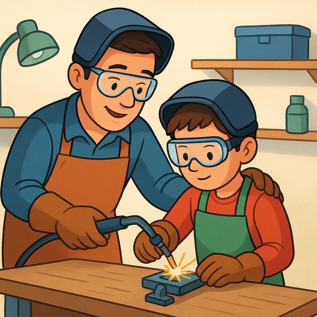 A colorful storybook illustration showing an adult mentor guiding a student who is learning a professional skill, specifically welding metal with a torch.