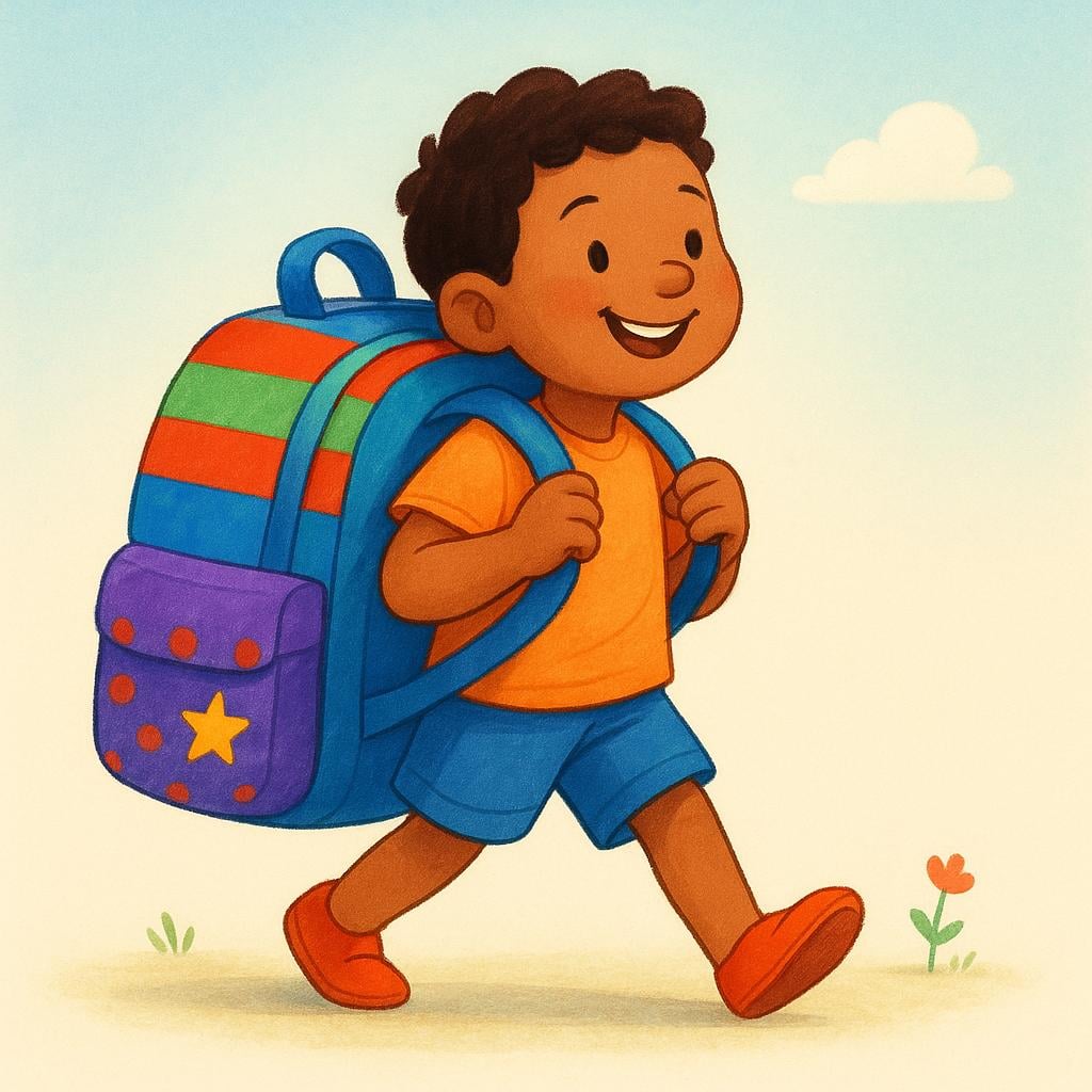 A storybook illustration of a child walking and carrying a large, colorful backpack on their back.