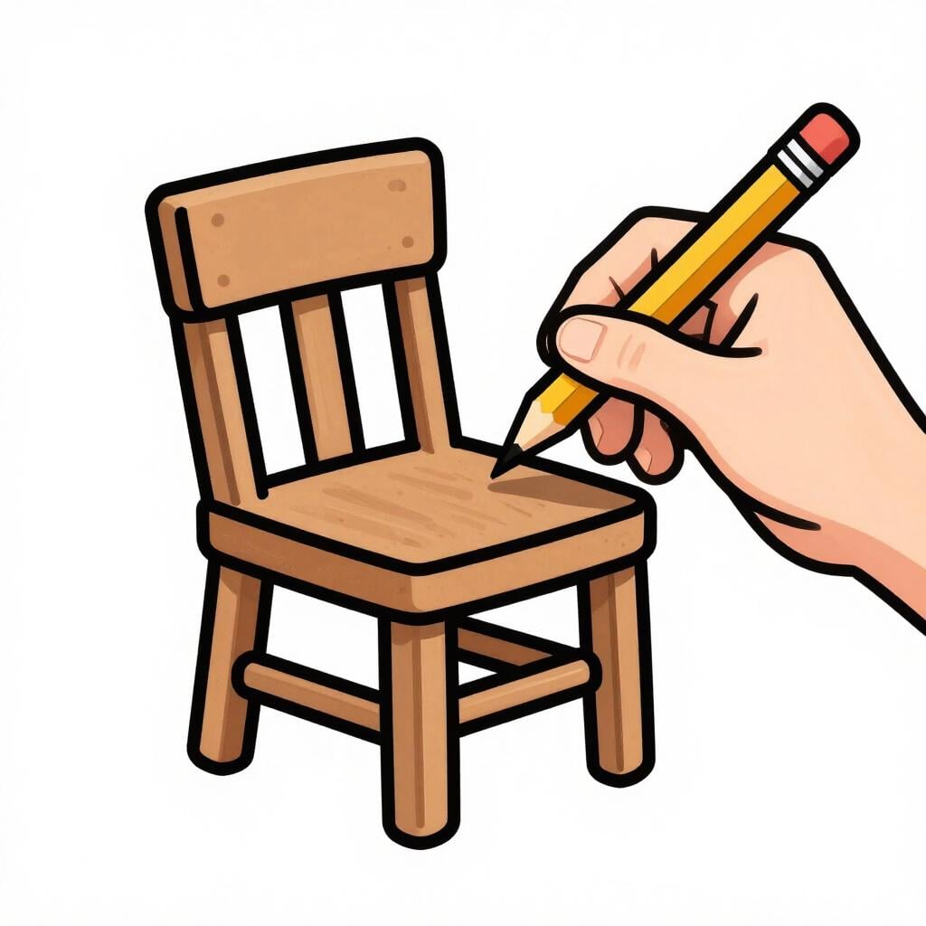 A hand using a pencil to draw a thick black outline around a simple wooden chair.