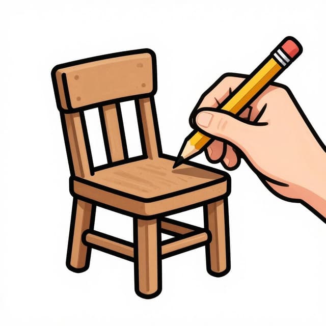 A hand using a pencil to draw a thick black outline around a simple wooden chair.