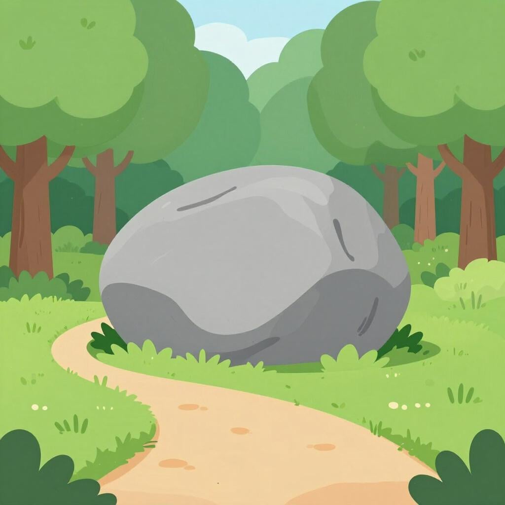 A large, heavy boulder blocking a narrow path in a lush green forest.