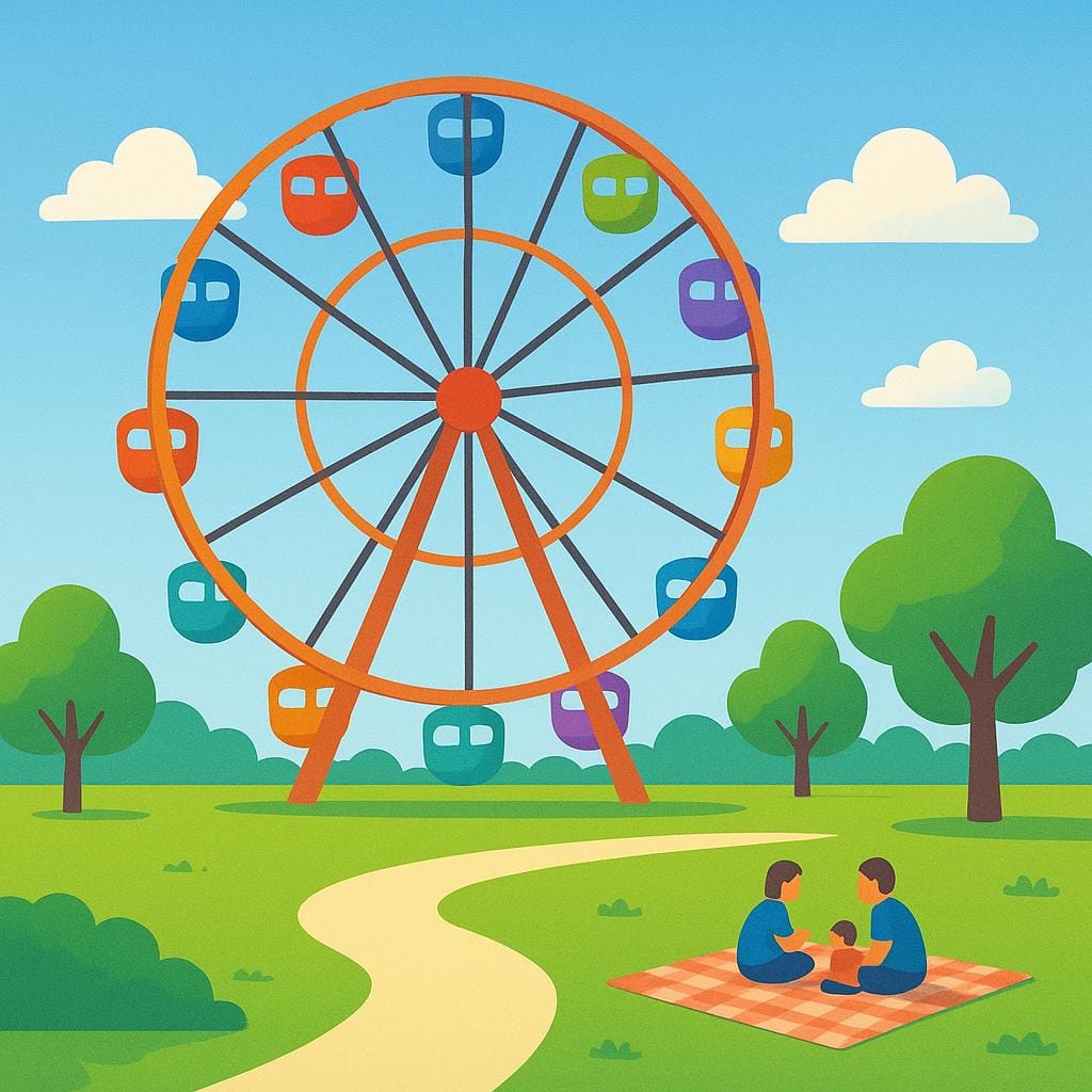 A large, brightly colored Ferris wheel dominating a sunny park landscape, representing a popular tourist destination.