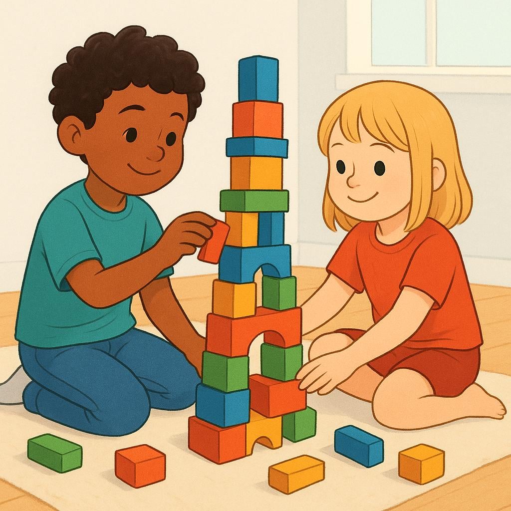 Two children sitting on the floor, actively building a tall tower out of colorful wooden blocks, illustrating an ongoing action.