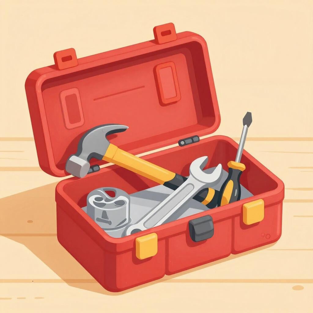 A bright red toolbox filled with tools like a hammer and a wrench sitting on a wooden workbench.