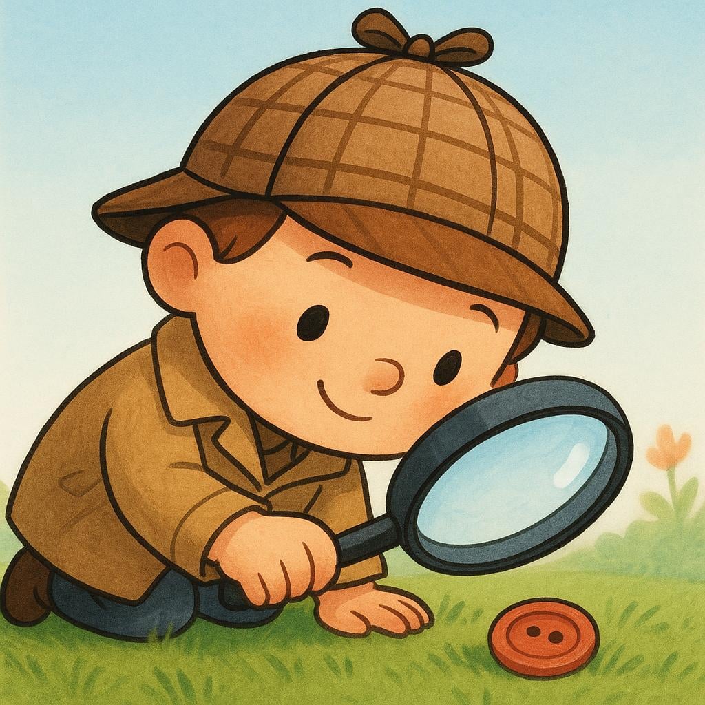 A friendly character wearing a detective hat kneels on bright green grass, using a large magnifying glass to inspect a tiny lost button.