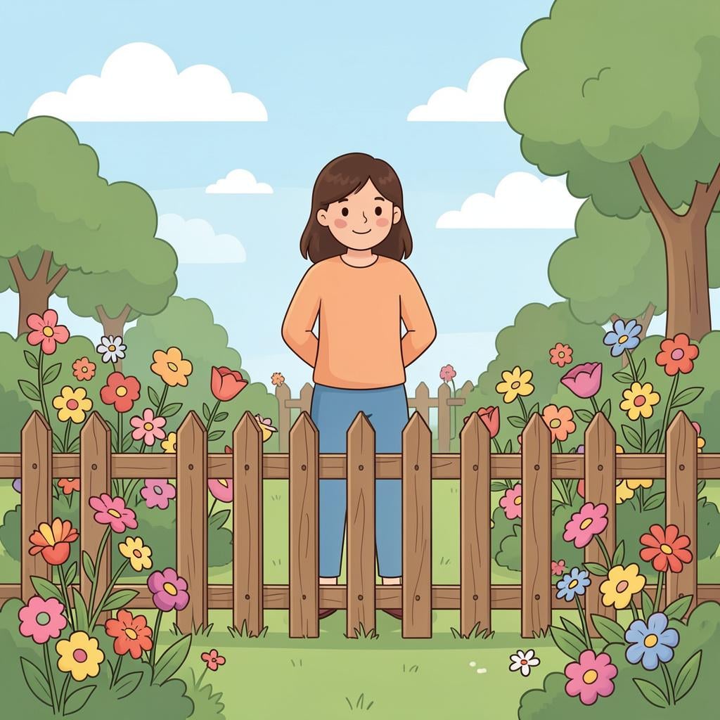 A person standing still and keeping a polite distance from a delicate flower garden behind a small wooden fence.