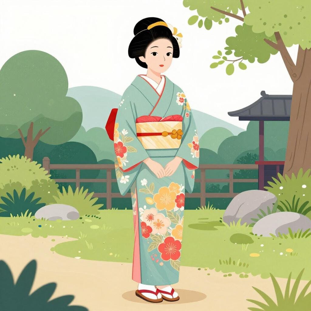 A high-quality illustration of a woman wearing a beautiful traditional silk kimono.