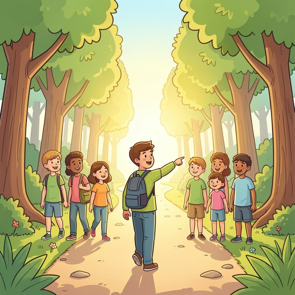 A person leading a small group of people through a green forest path.