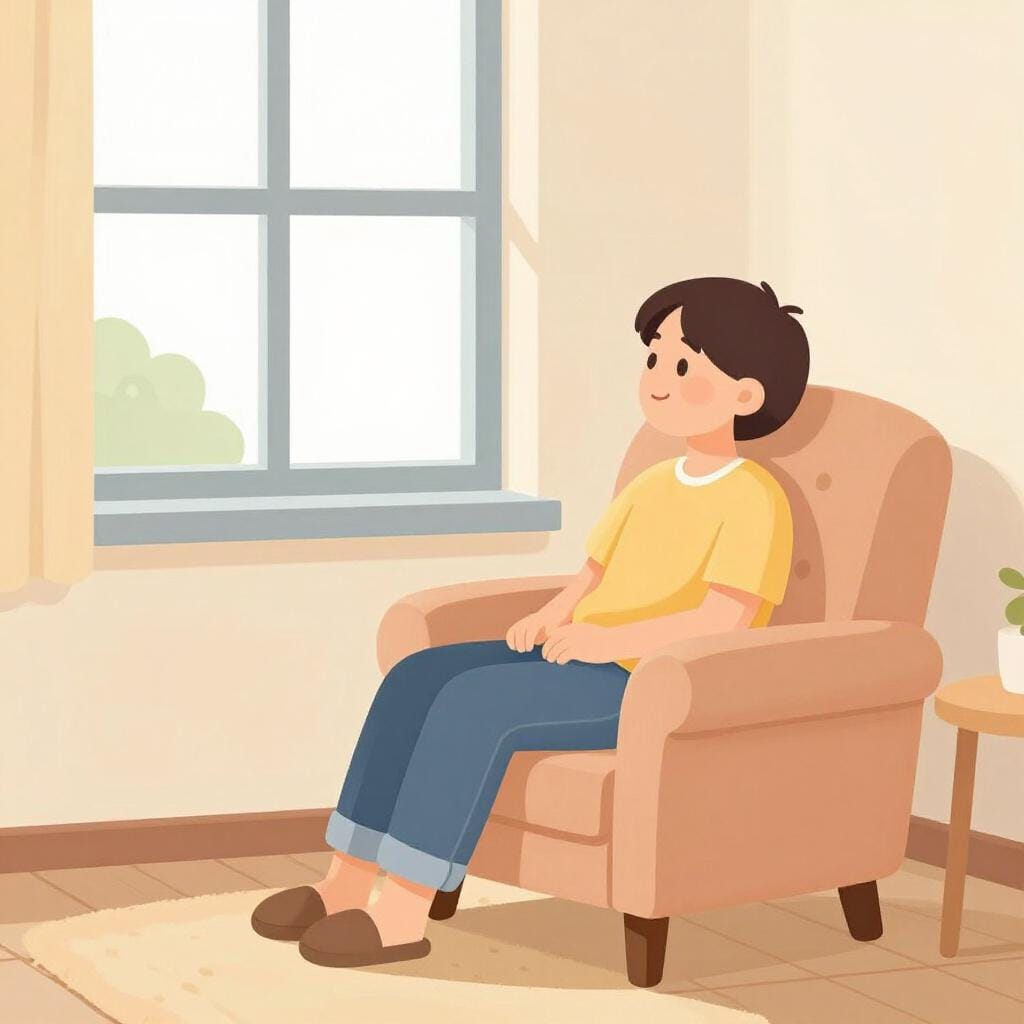 A person sitting alone in a cozy, sunlit reading nook, lost in thought.