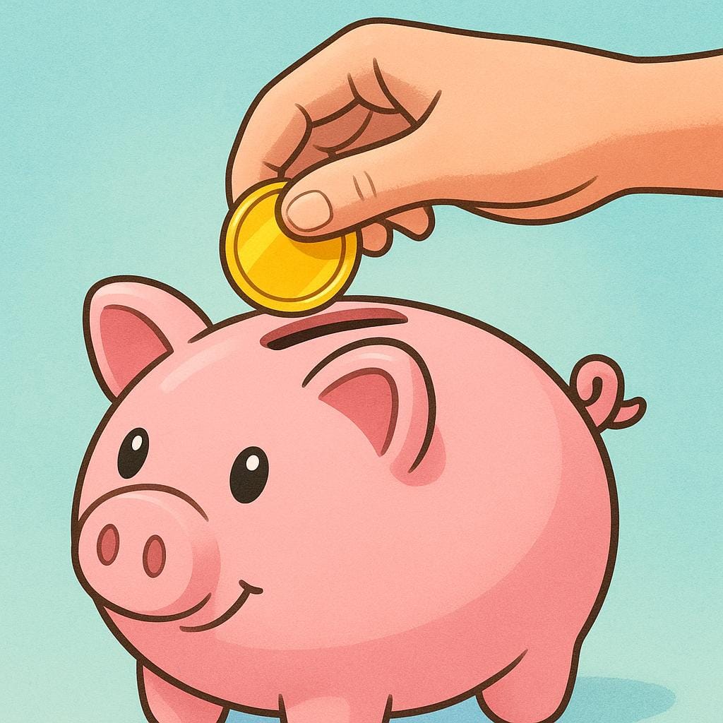 A storybook illustration showing a hand dropping a coin into a piggy bank, representing thrift and careful saving.
