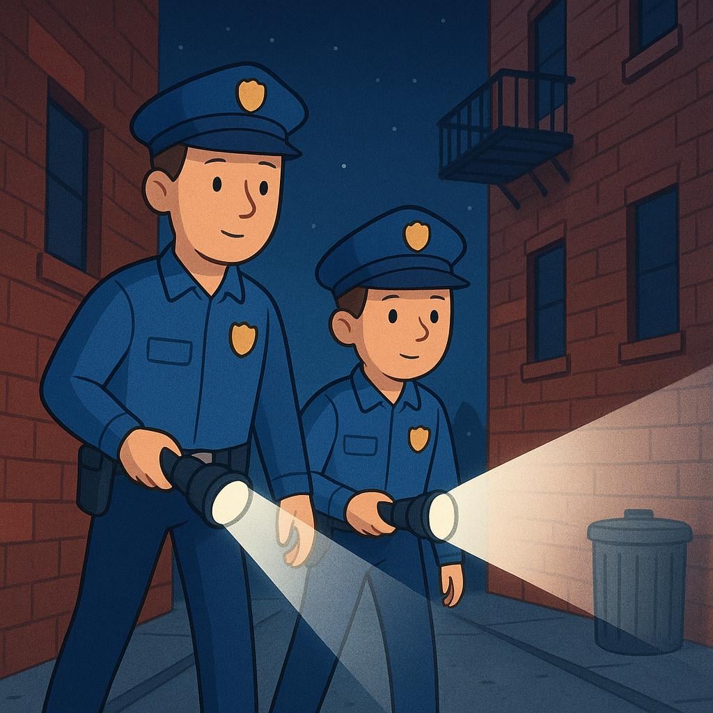 Police officers with flashlights searching through a dark urban alleyway.