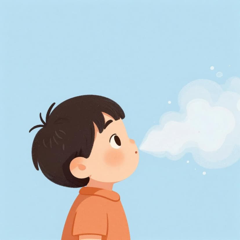 A child blowing a gentle breath of air into the cold morning, creating a small visible mist.