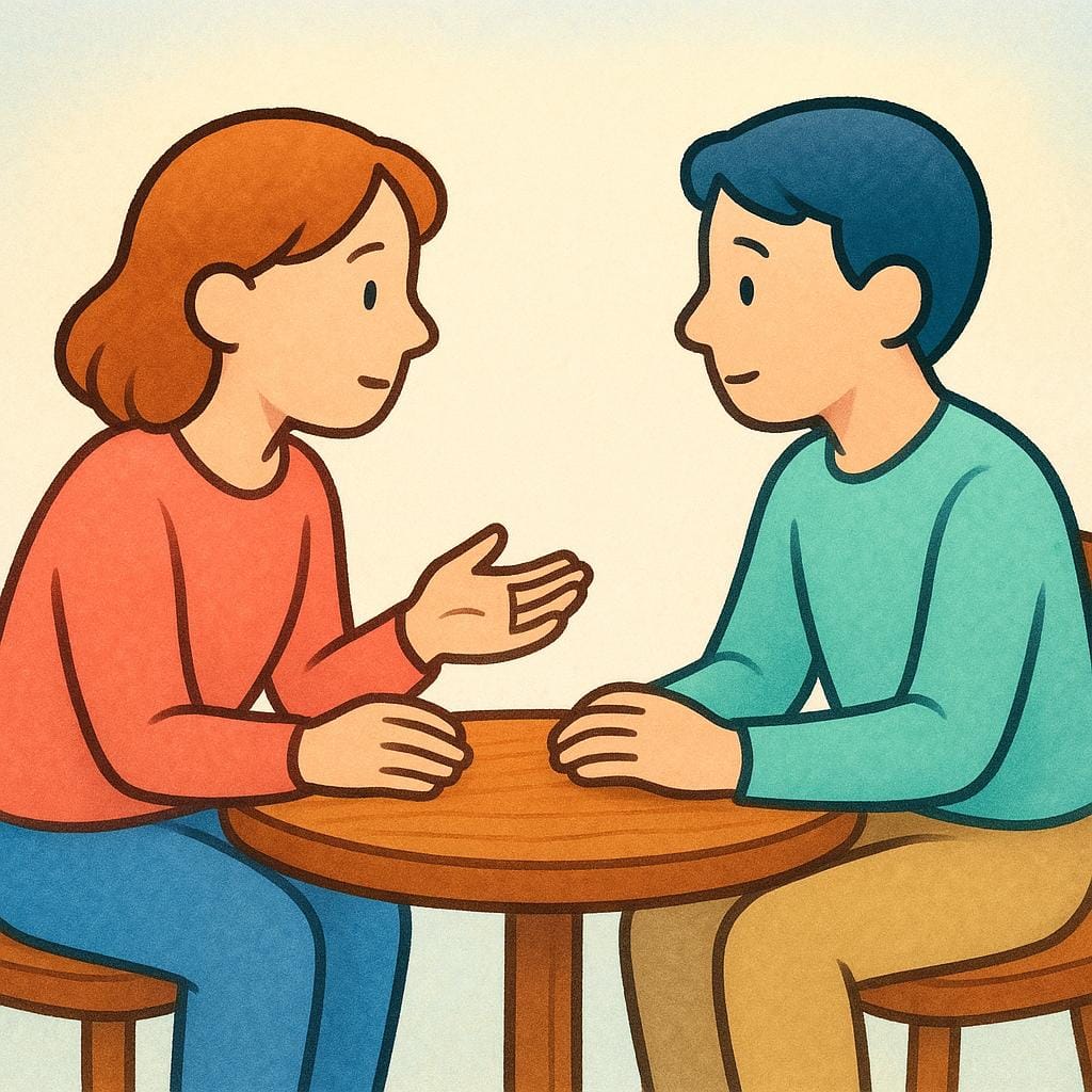 Two simplified figures sitting opposite each other at a small table. One figure leans forward speaking intently, symbolizing a confession or admission.