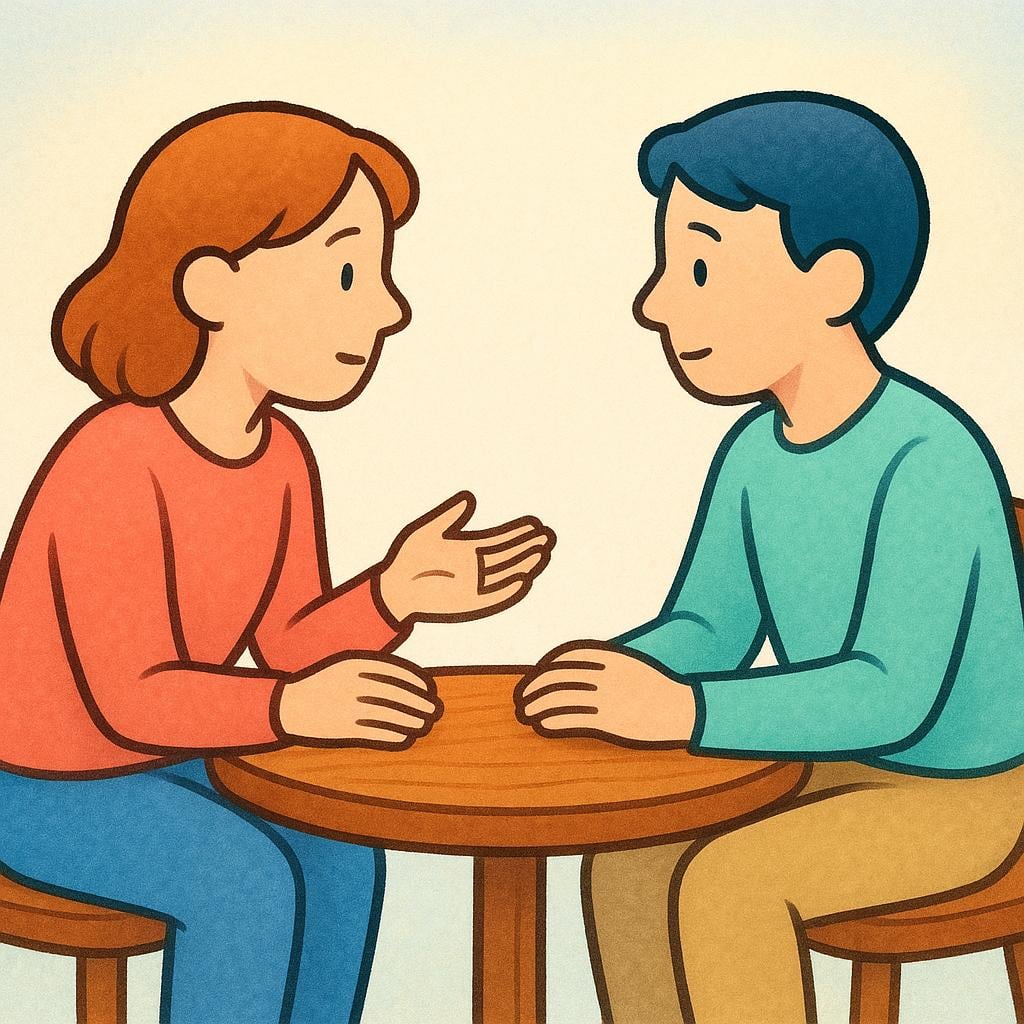 Two simplified figures sitting opposite each other at a small table. One figure leans forward speaking intently, symbolizing a confession or admission.