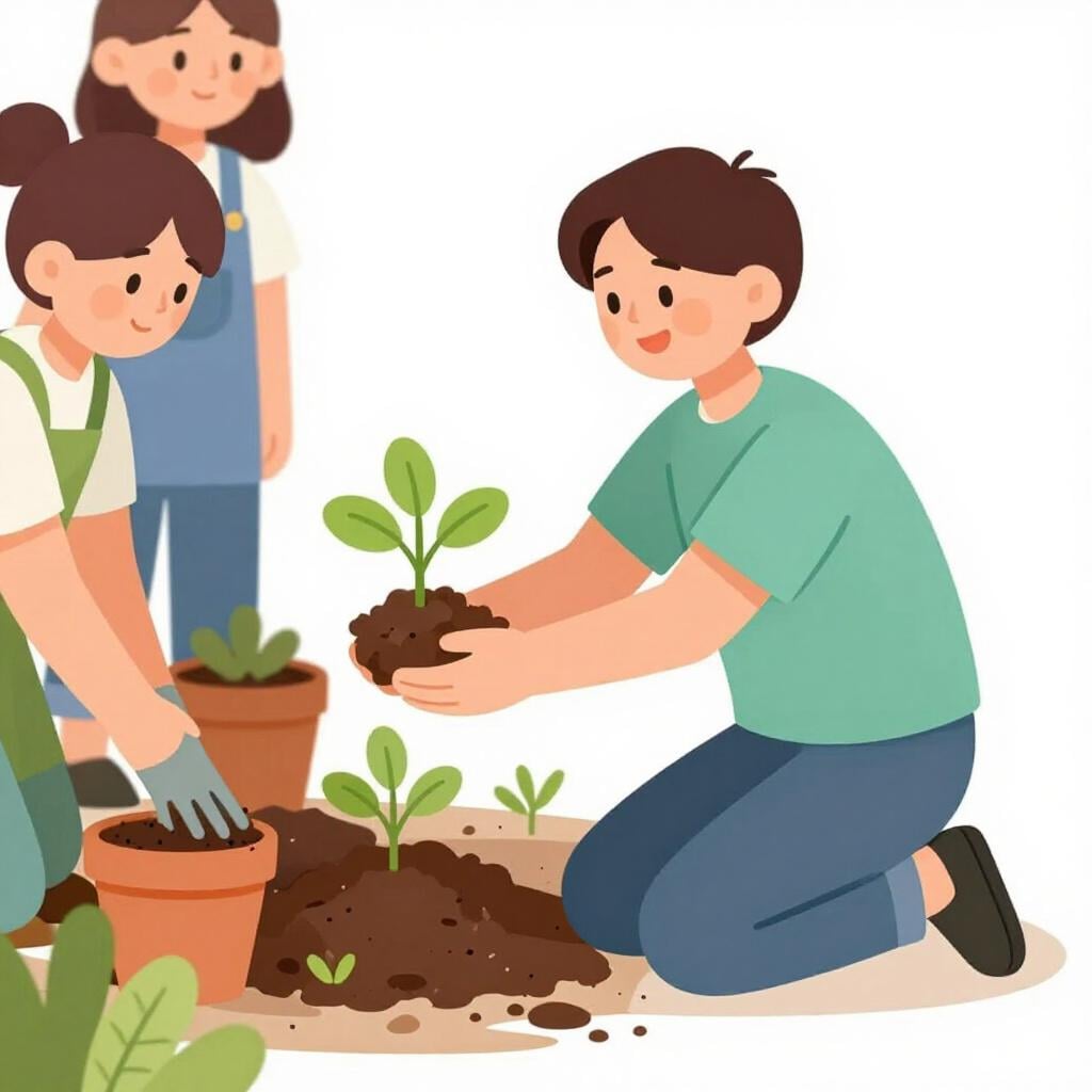 A group of people working together to plant a tree, with one person specifically holding the sapling.