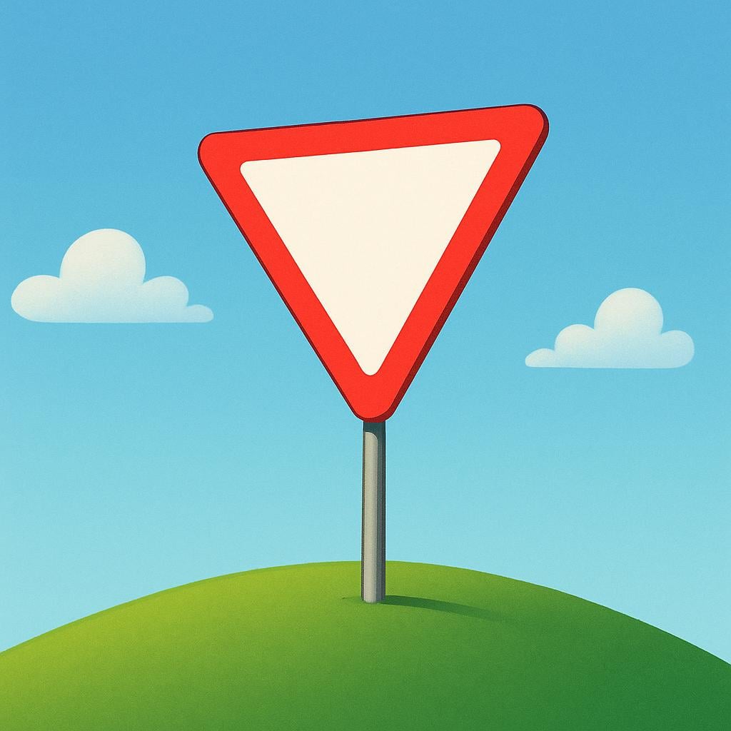 A clear red triangular yield sign on a pole against a blue sky, representing a physical indicator.