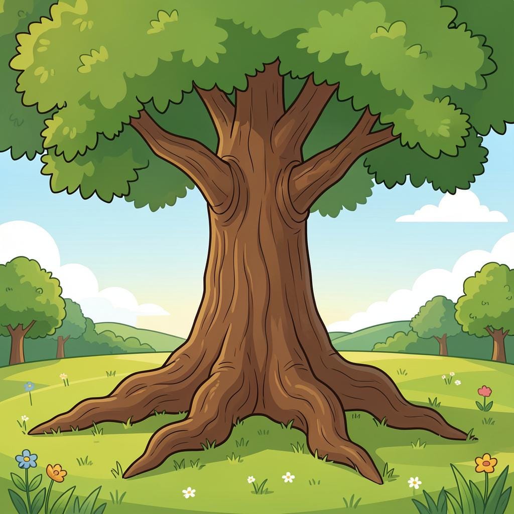 A large, ancient oak tree with deep roots and thick branches in a green field.