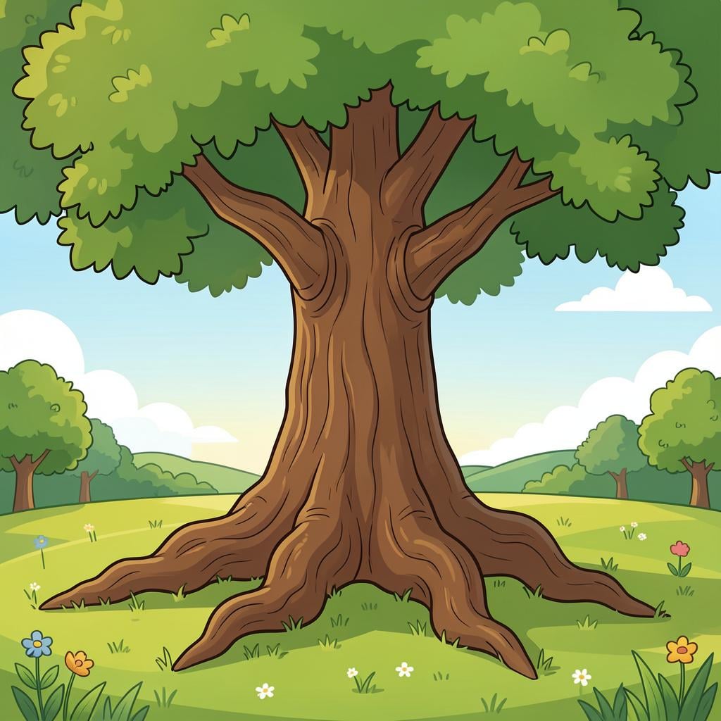 A large, ancient oak tree with deep roots and thick branches in a green field.