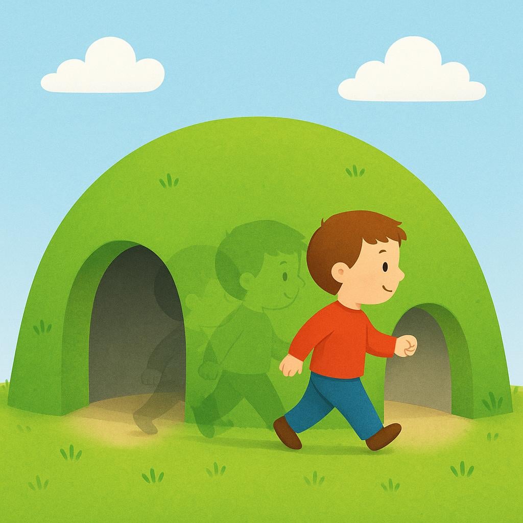 A high quality storybook illustration of a small child walking completely through a brightly lit, simple tunnel carved into a green hill.