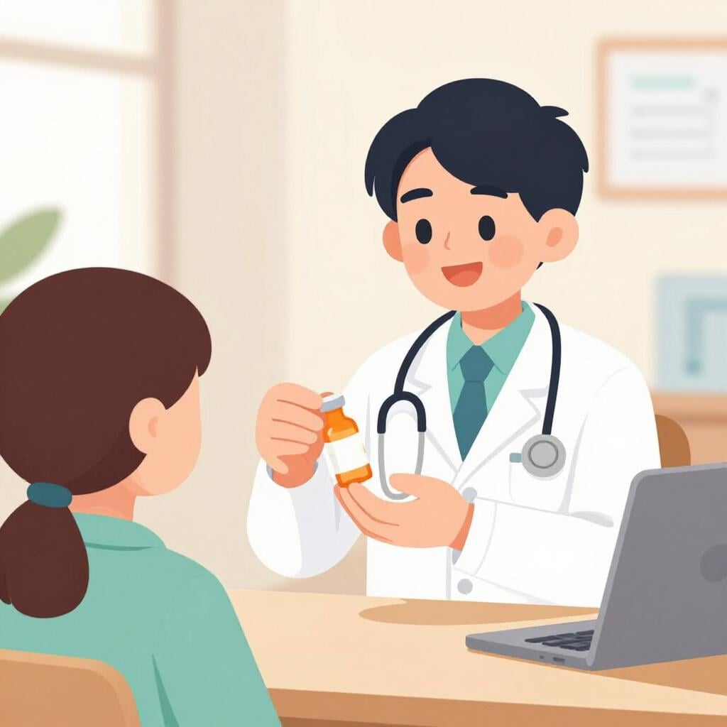 A doctor in a white coat handing a bottle of medicine to a patient.