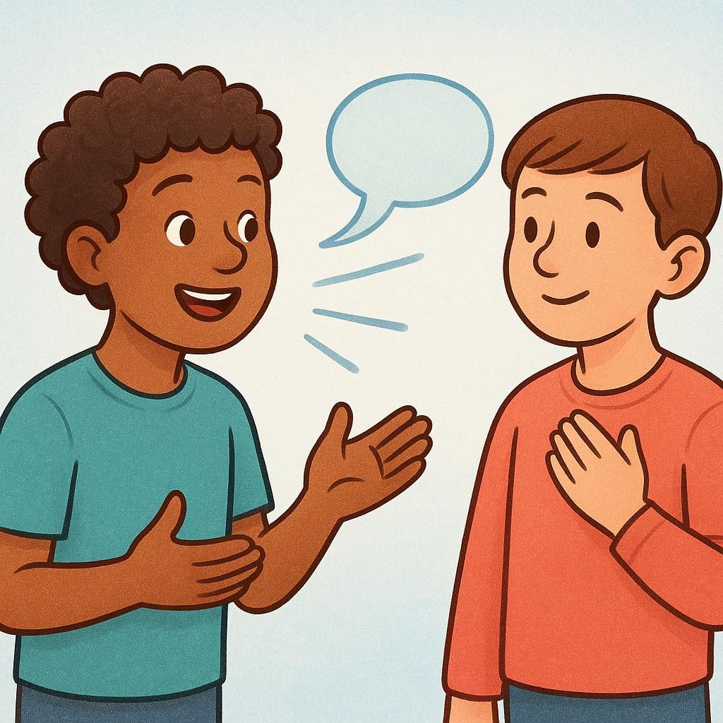 One friendly character leaning in and speaking clearly to another character, who is listening intently and nodding, symbolizing the act of informing someone.