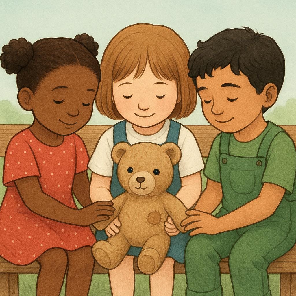 Three diverse children are sitting closely together on a rustic wooden bench, looking down with warm, nostalgic smiles at an old, worn teddy bear they are holding. The scene suggests shared memories.