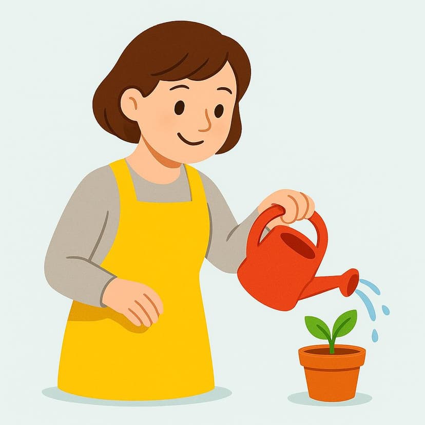 Eine einfache Illustration einer Person, die eine kleine Topfpflanze mit einer roten Gießkanne gießt.