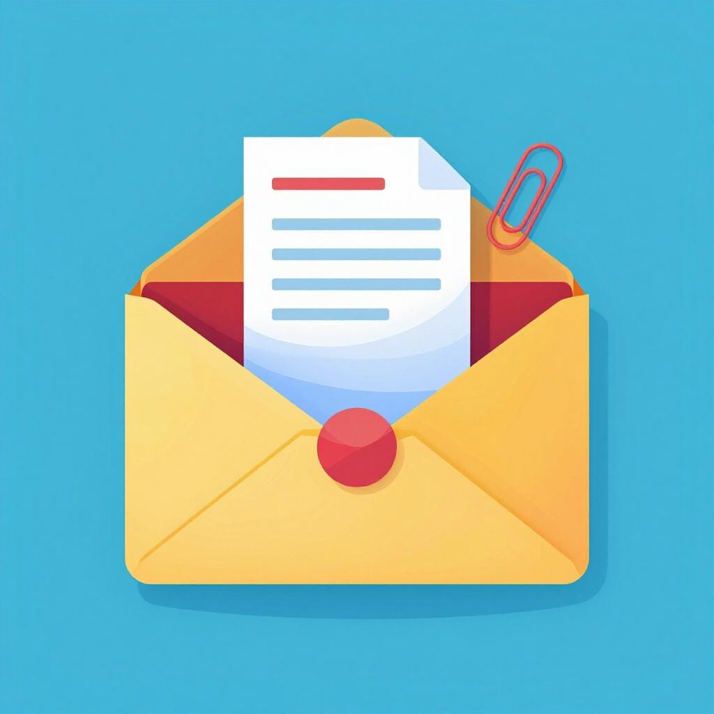 A small paper icon with a paperclip symbol floating above an open envelope.
