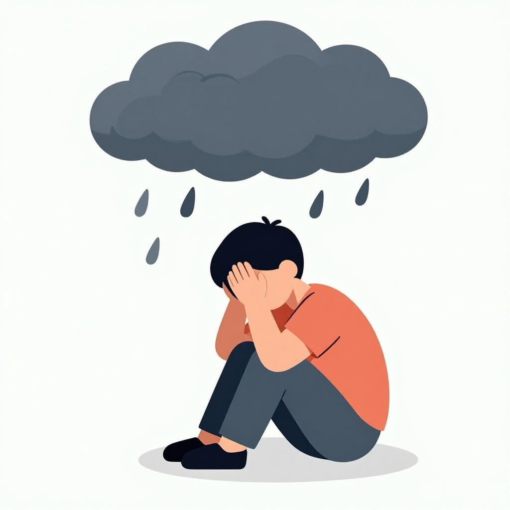 A small figure sitting on the ground looking distressed while a large, dark, swirling storm cloud looms directly over them.