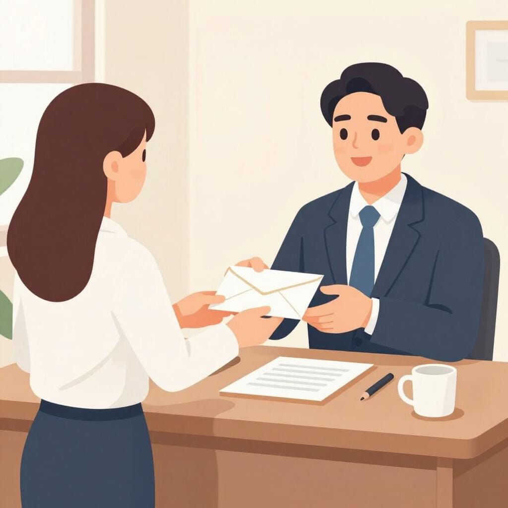 Una persona in un ufficio consegna una busta bianca formale al proprio capo con un sorriso educato.