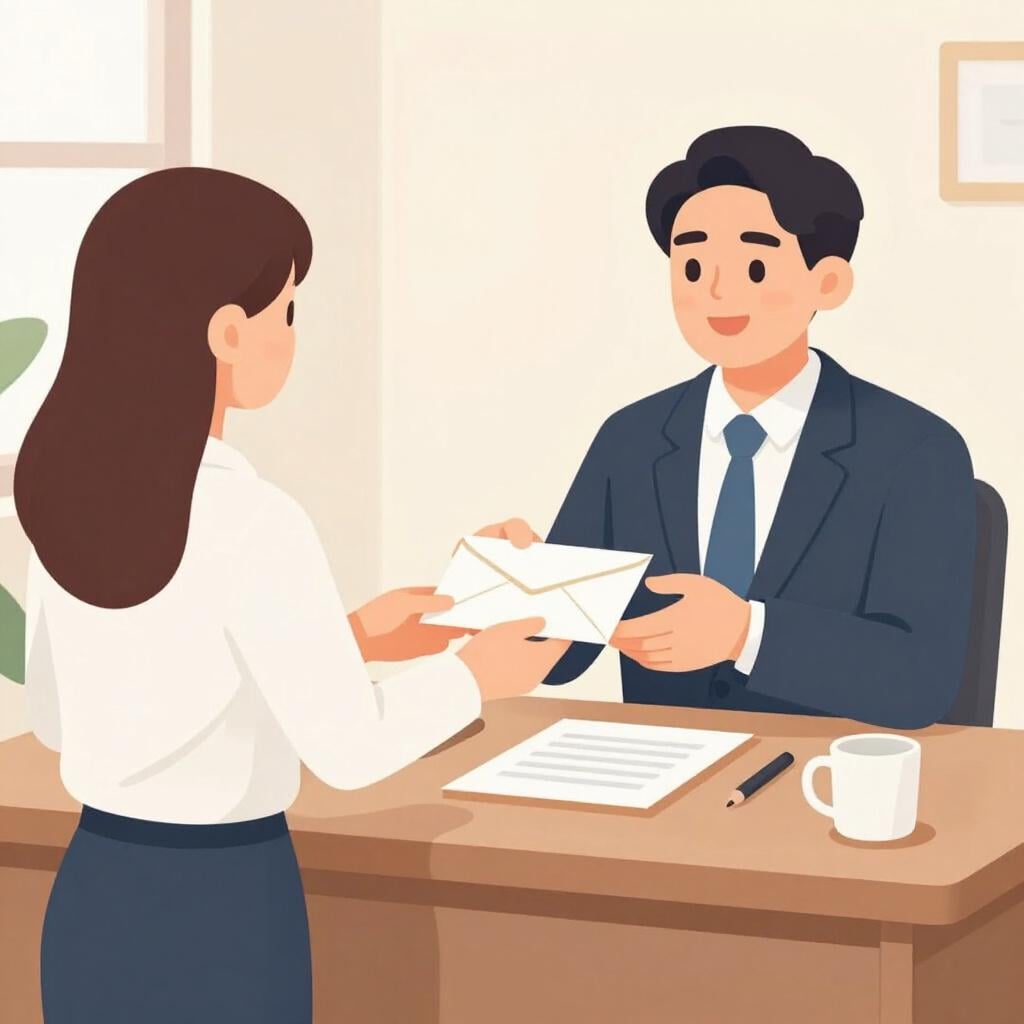 A person in an office setting handing a formal white envelope to their boss with a polite smile.