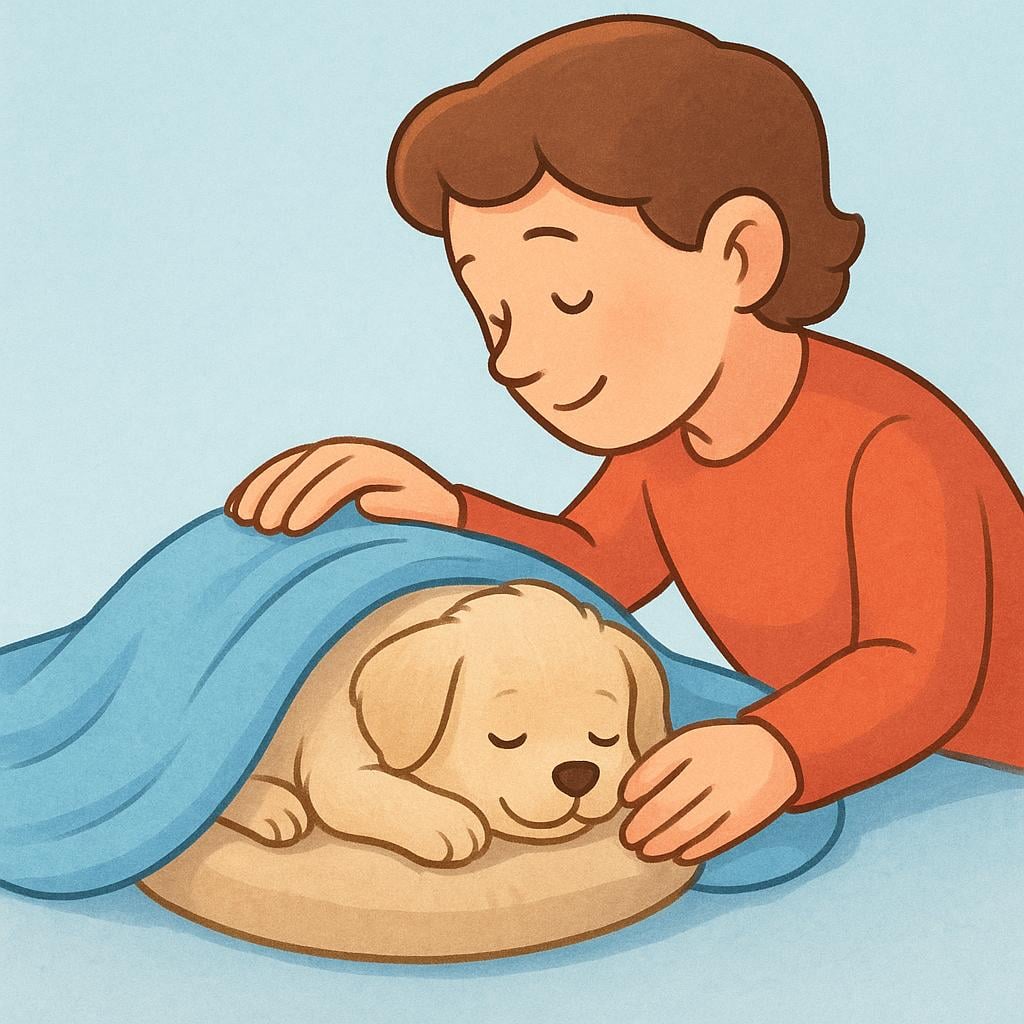 A hand belonging to an unseen person gently tucking a small, sleeping brown puppy into a soft blue blanket.
