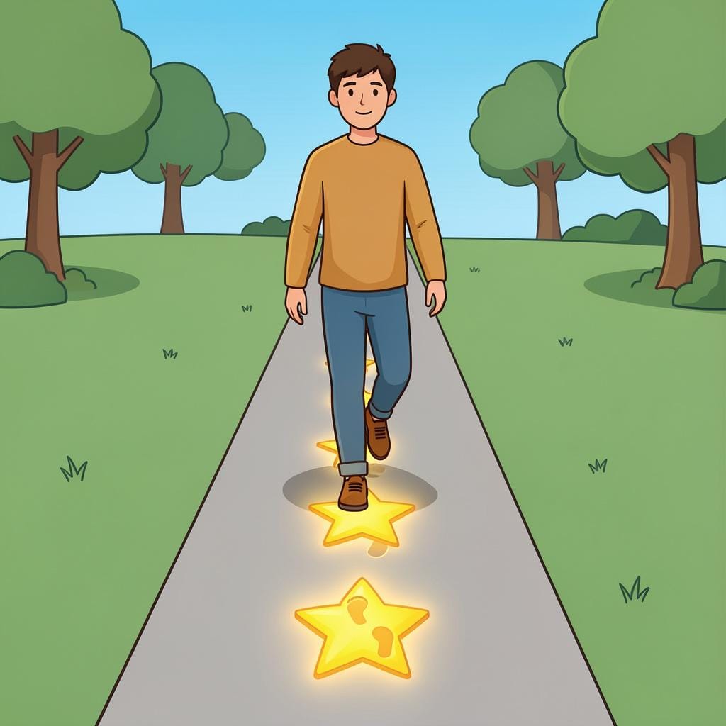 An illustration of a person walking along a straight path that perfectly aligns with a series of glowing stars on the ground.