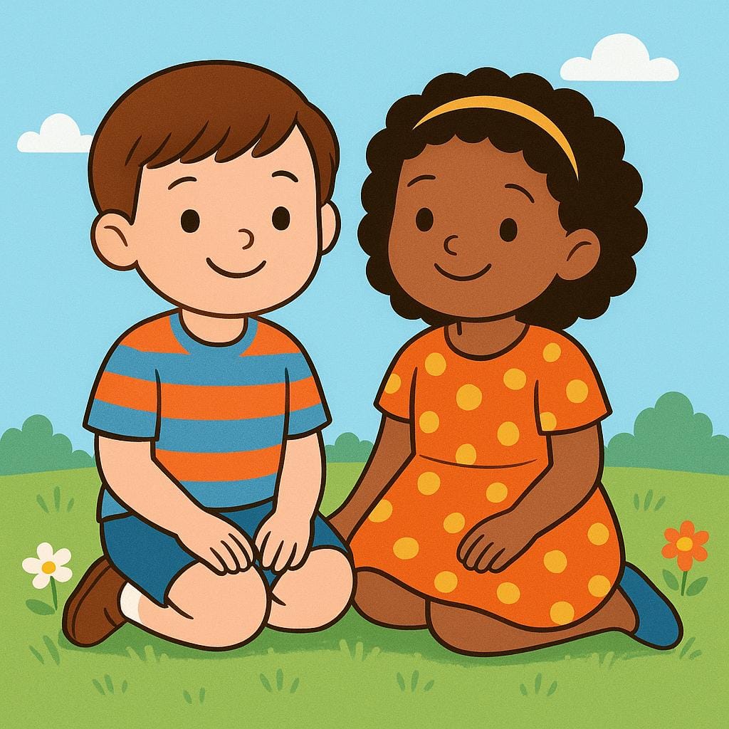 A simple storybook illustration of a young boy and a young girl sitting on green grass, smiling happily.