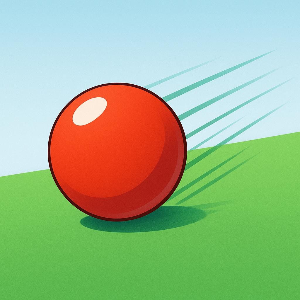 A red sphere rolling quickly across a smooth green floor, indicating physical action.