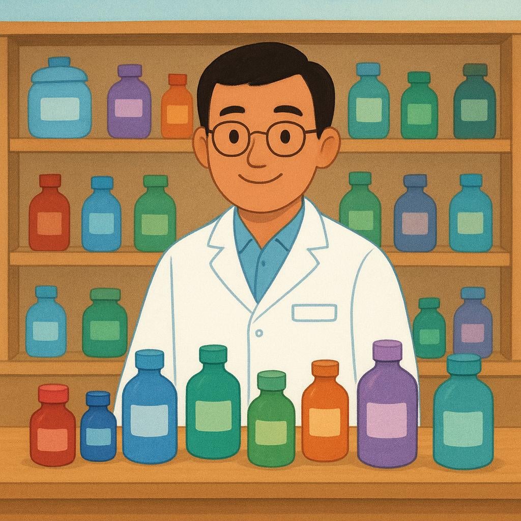 A pharmacist wearing a white coat stands behind a wooden counter filled with rows of colorful medicine bottles inside a brightly lit store.