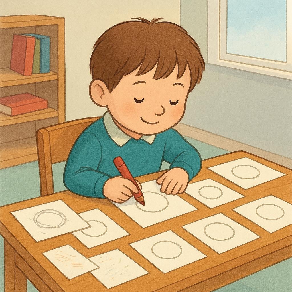 A storybook illustration showing a child practicing drawing circles repeatedly on a stack of papers to improve their skill.