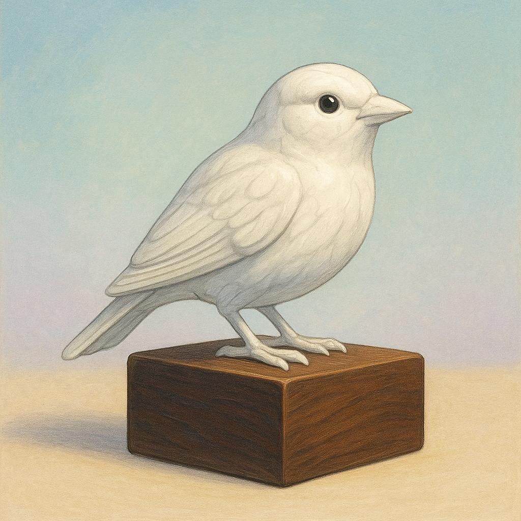 A perfectly crafted, detailed white marble sculpture of a small bird standing on a dark wooden pedestal.