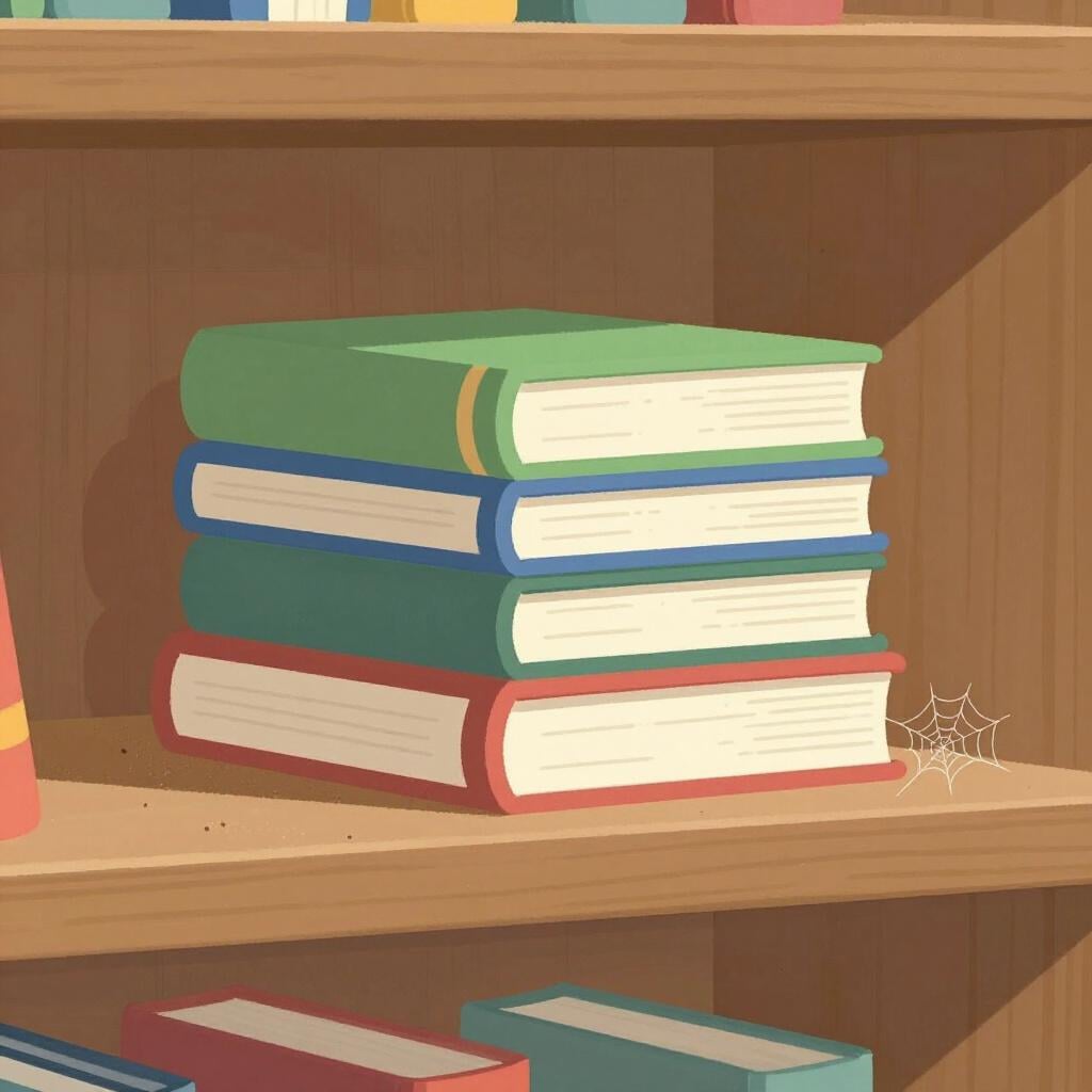 A stack of dusty, colorful books sitting undisturbed on a wooden shelf in a quiet corner.