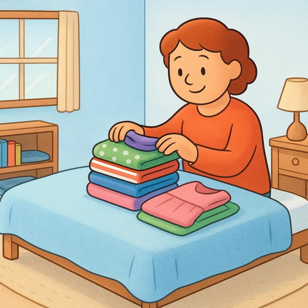 Una persona che piega felicemente i vestiti e li ripone in una camera da letto pulita e organizzata.